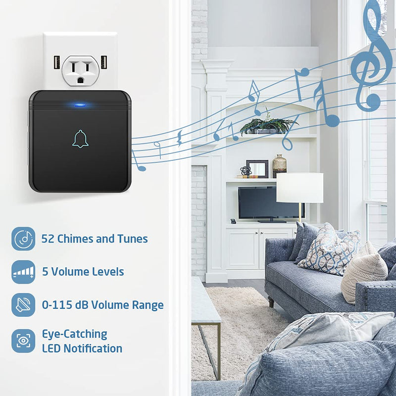 Wireless Doorbell, AVANTEK D-3B Waterproof Door Chime Kit Operating at over 1300 Feet with 2 Plug-In Receivers, 52 Melodies, CD Quality Sound and LED Flash Black