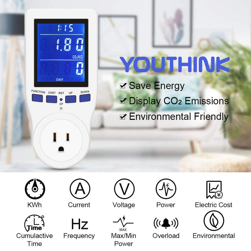 YOUTHINK Electricity Usage Monitor, Plug in Power Consumption Meter Home Energy Consumption Analyzer with Digital LCD Display Overload Protection Watt Volt Amps Wattage KWH