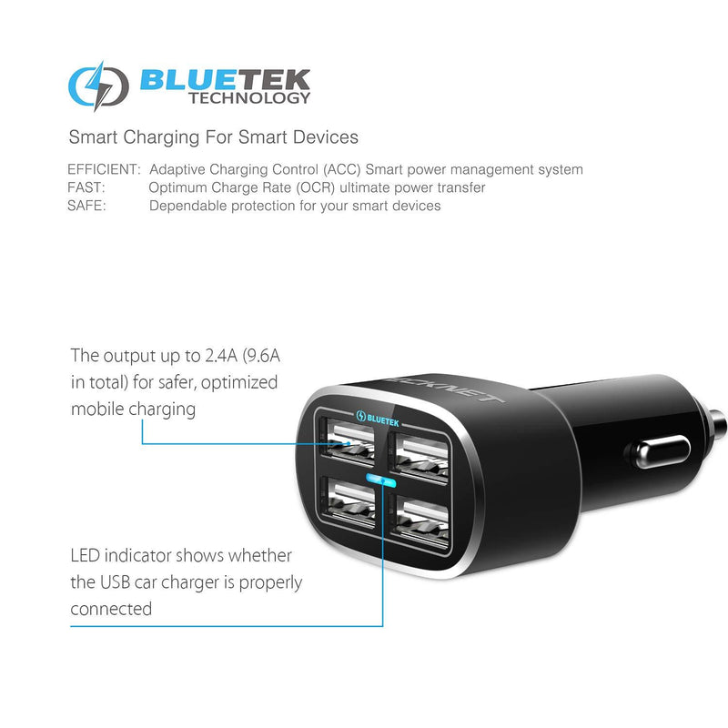 TECKNET USB Car Charger, PowerDash D2 9.6A/48W 4-Port Rapid Car Adapter with BLUETEK Technology Compatible with iPhone 11 Pro Max/XS/XR/X/8/Plus, Galaxy S20 Ultra/S10/Note, iPad Pro/Mini, Huawei