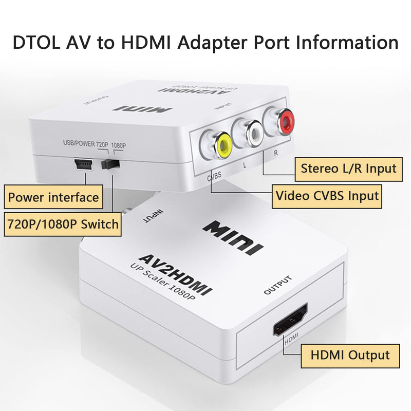 DTOL RCA to HDMI, AV to HDMI Converter, 1080P Mini RCA Composite CVBS Video Audio Adapter for PAL/NTSC TV/PC/ PS3/ STB/Xbox VHS/VCR/Blue-Ray DVD Player HDMI to RCA without CE