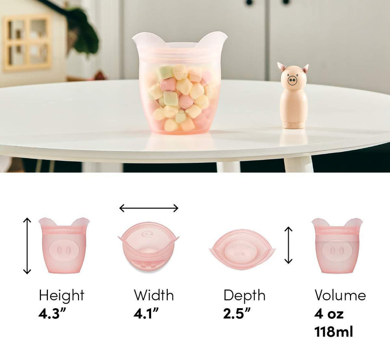 Zip Top Reusable 100% Silicone Baby + Kid Snack Containers - The only containers that stand up, stay open and zip shut! No Lids! Made in the USA - Pink Pig