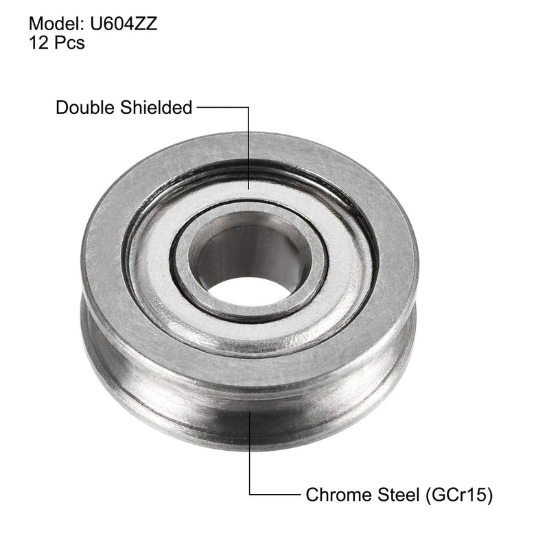 uxcell U604ZZ Deep U Groove Ball Track Guide Bearing 4x13x4mm Double Metal Shielded (GCr15) Chrome Steel Bearing 12pcs