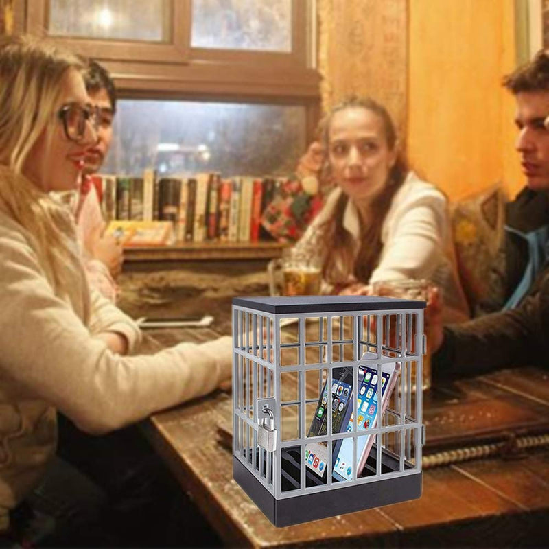 Mobile Phone Jail Cell Phones Prison Lock Up Safe Smartphone Stand Holders Classroom Home Table Office Storage Gadget -Family Time, Party Fun Novelty Gift Idea Grey + black