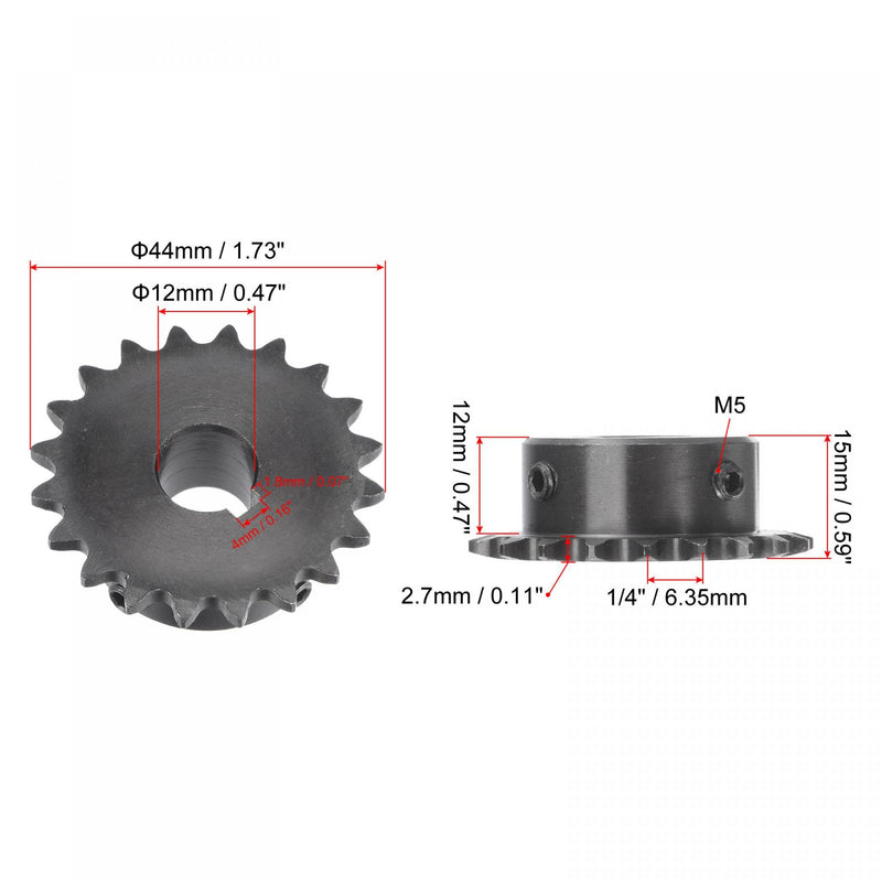 uxcell 20 Tooth Roller Sprocket, 25 Chain Single Strand 1/4" Pitch, 12mm Bore Black Oxide C45 Carbon Steel, 4x1.8mm Keyway with Set Screws for ISO 04C