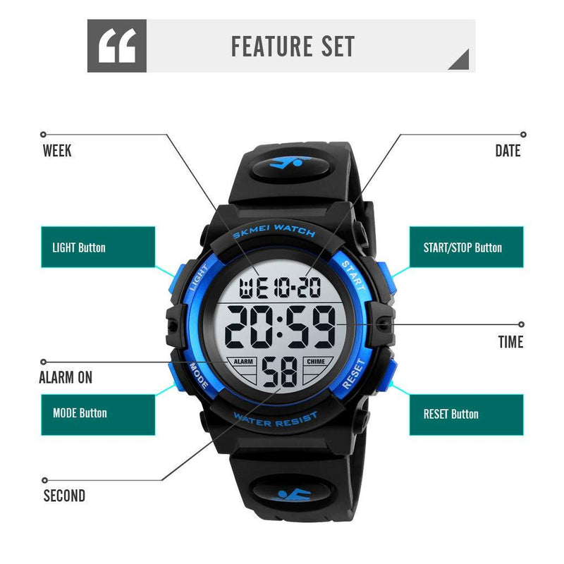 Boys Watch Digital Sports Waterproof Electronic Childrens Kids Watches Alarm Clock 12/24 H Stopwatch Calendar Boy Girl Wristwatch Blue Black