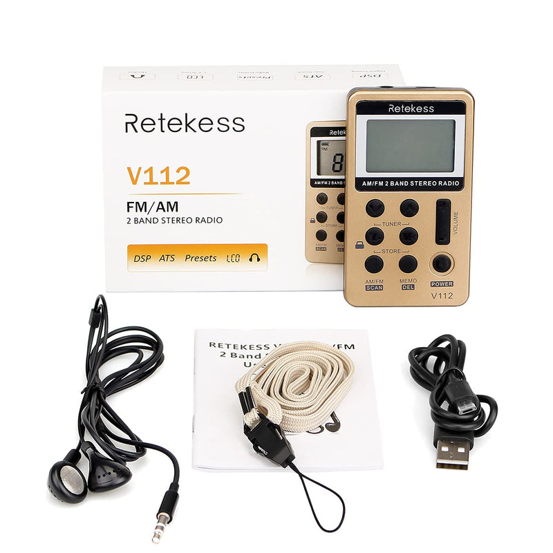 Retekess V112 AM FM Radio Portable, Mini Radio with Earphone Pocket, Digital Tuning Rechargeable Battery LCD Display for Walking Jogging(Gold) Gold
