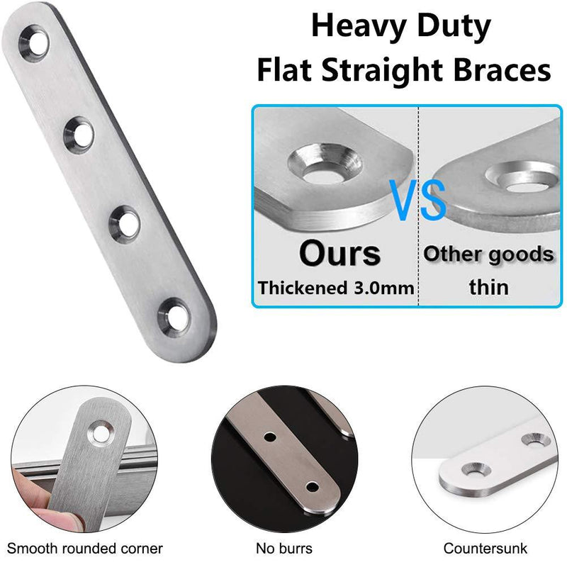 YEWLACA 8 Pack Flat Straight Brace Brackets 4 Inch Stainless Steel Mending Plates Repair Fixing Brackets Heavy Duty Straight Repair Joining Plates with Screws
