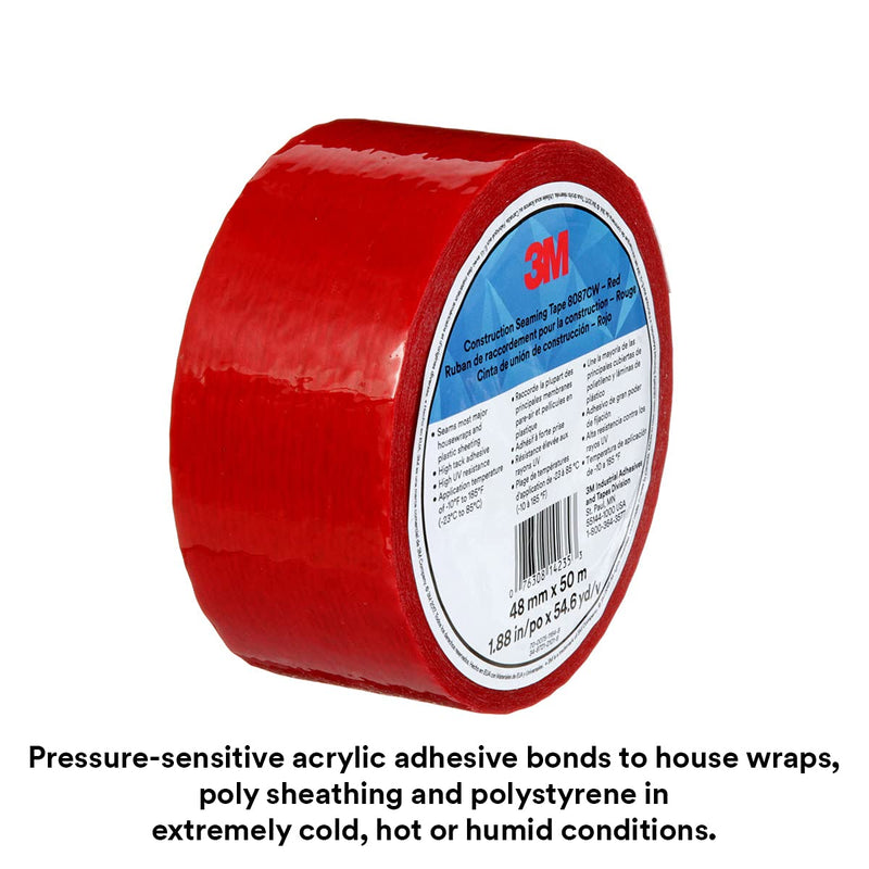 3M Construction Seaming Tape 8087CW, 1 Roll, Red, 48 mm x 50 m, Sheathing Tape for Seaming, Splicing, Sealing, and Repairing Moisture Barriers, Flexible in Cold Weather and High Heat