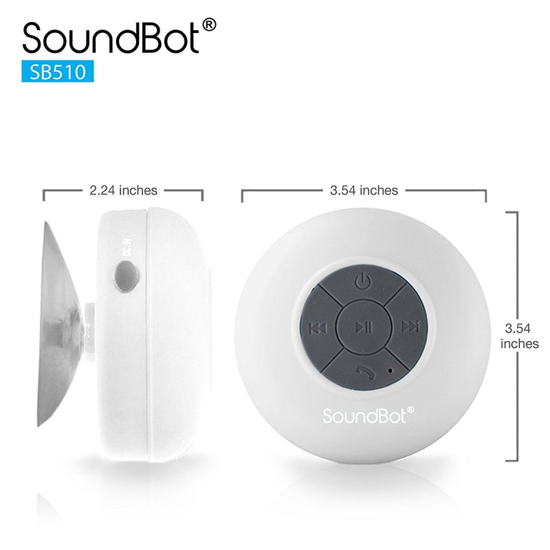 SoundBot SB510 HD Water Resistant Bluetooth 4.0 Shower Speaker, Handsfree Portable Speakerphone with Built-in Mic, 6hrs of Playtime, Control Buttons and Dedicated Suction Cup for Showers (White) WHT