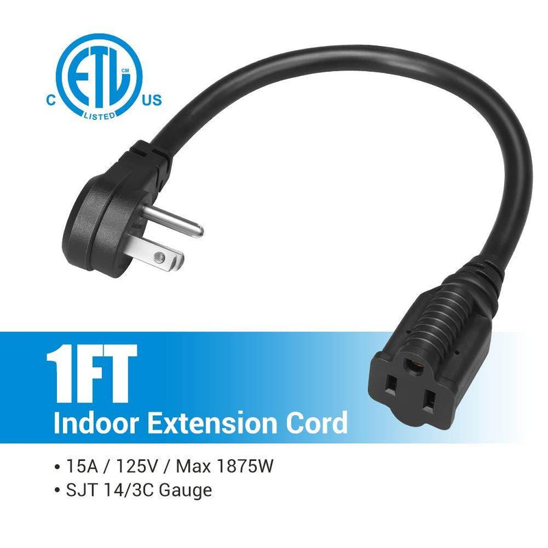 DEWENWILS 1 Foot Extension Cord, Low Profile Angled Flat Plug, 3 Prong Grounded Wire, SJT 14 AWG Flexible Power Cord, Rated for Indoor Use, ETL Listed, 3 Pack Black