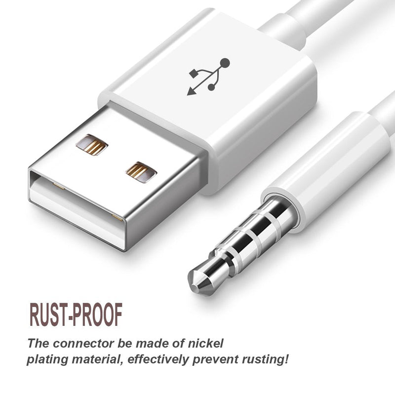 iMangoo Charging Cable for iPod Shuffle Cable USB Data Sync Cable Cord 3.5mm Male AUX Plug to USB Male Adapter Cable Charger Converter Headphone Audio Extender Jack for iPod Shuffle 3 4 5 6 Gen 2-Pack 2 Pack White