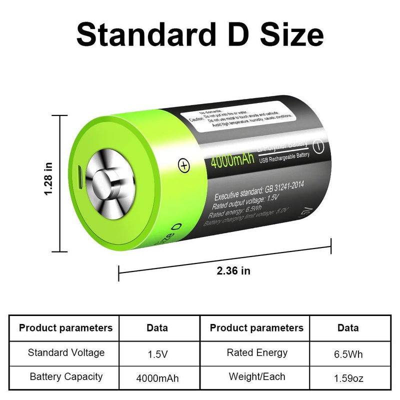 D Cell Batteries - USB Rechargeable Lithium D Batteries - 1.5V / 4000mAh (2-Pack) - Not NI-MH/NI-CD/Alkaline Batteries - ECO-Friendly & Recyclable - No Memory Effect D Cell 2 Pack