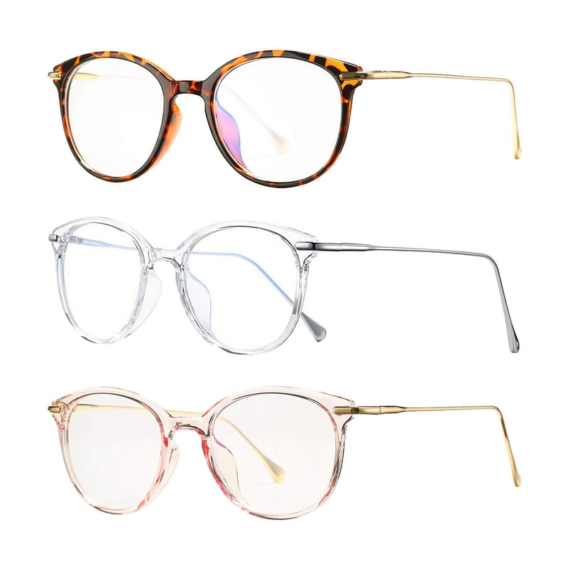 COASION Blue Light Blocking Glasses for Women Vintage Round Anti Blue Ray Computer Game Eyeglasses Small Face B1* (Tortoise/Gold + Transparent/Silver + Clear Pink/Gold) - 3 Pack 48 Millimeters