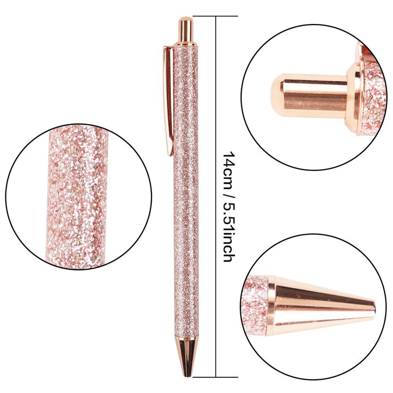 JPSOR 8pcs Glitter Cute Ballpoint Pens for Women, Sparkly Rose Gold Click Ball Pens, Metal Retractable Pen, With 8 pcs Replacement Refills, Black Ink, Medium Point 1mm, School and Office Supplies