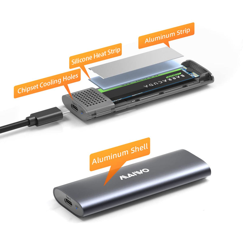 MAIWO M.2 NVME SSD Enclosure USB 3.2 Gen 2 (10 Gbps) to NVME PCI-E M-Key Adapter M.2 Solid State Drive External Enclosure Support UASP Trim Support NVMe PCIe 2230/2242/2260/2280 2TB