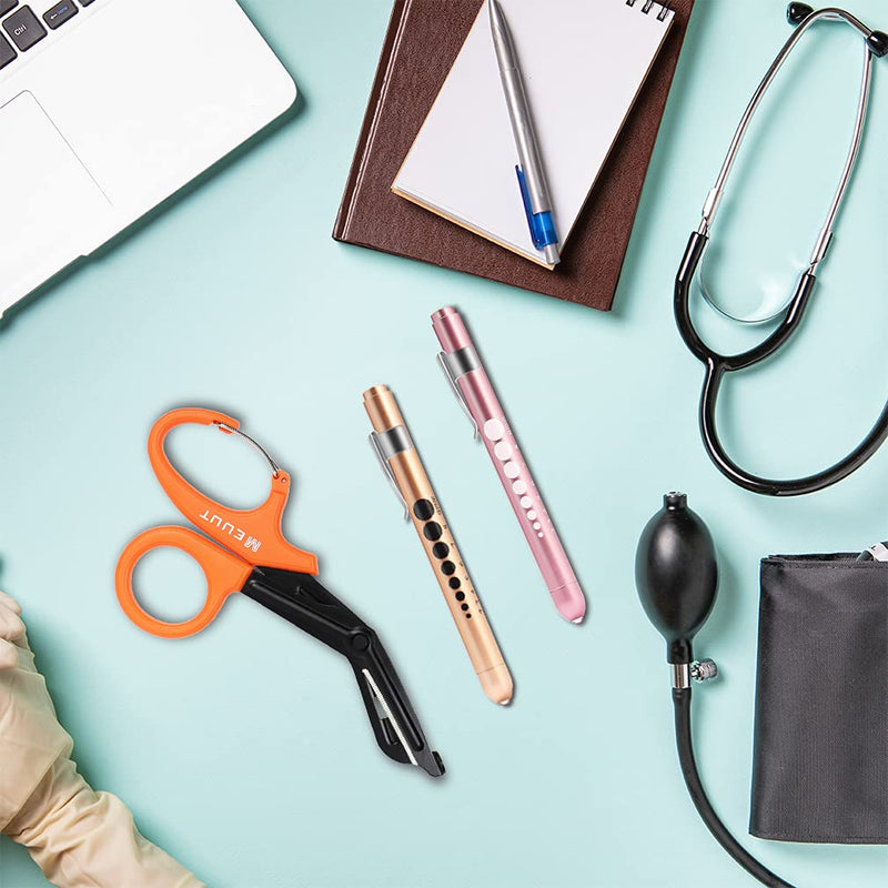 MEUUT 3 Pack Medical Scissors Penlights for Nurses-Two Medical Pen lights with Pupil Gauge, One 7.5" Trauma shears Bandage Scissors with Carabiner-Nurse Accessories for Nurse Doctor Orange shear+Light pink&Rose gold penlight