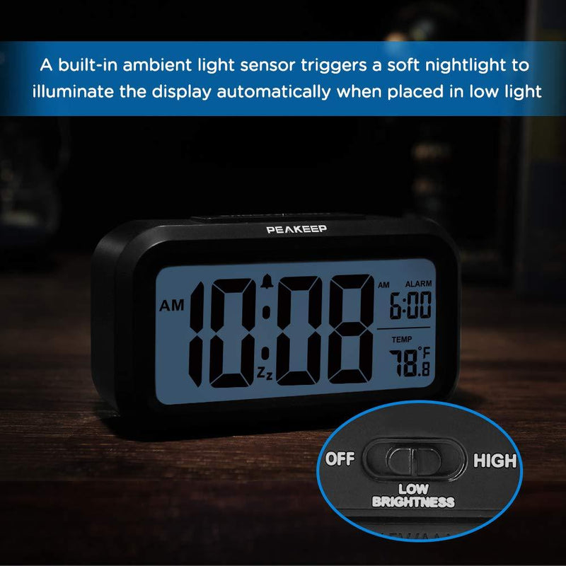 PEAKEEP Smart Night Light Digital Alarm Clock with Indoor Temperature, Battery Operated Desk Small Clock (Black) Black