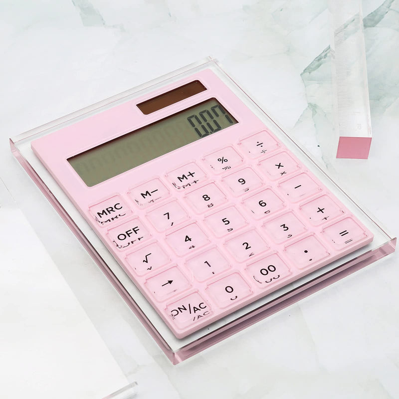 EXPUTRAN Acrylic Calculator with Stand, Battery and Solar Hybrid Powered Basic Calculator 12-Digit LCD Display,Home Office Desktop Accessories(Pink) Pink