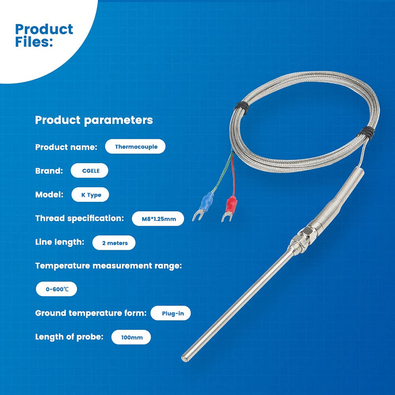 CGELE K-Type Thermocouple Temperature Sensors 0~600℃，2M/6.6Ft Wire Probe Length 100mm Two Wire 100×5mm Stainless Steel Probe Temperature Detector Temperature Gauge… Probe Length 100mm(2M)