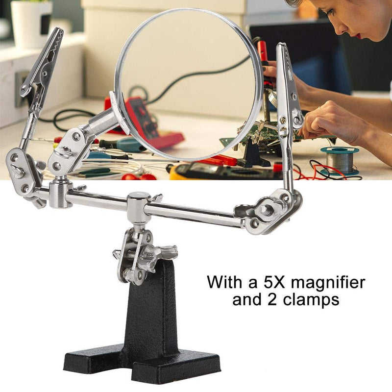 Salmue 3rd hand Helping Hand Magnifier Station - 5X Magnifying Glass Stand with two Alligator Clips, Adjustable and Rotatable - for Jewelry, Assembly, Repair, Modeling, Hobbies and Crafts