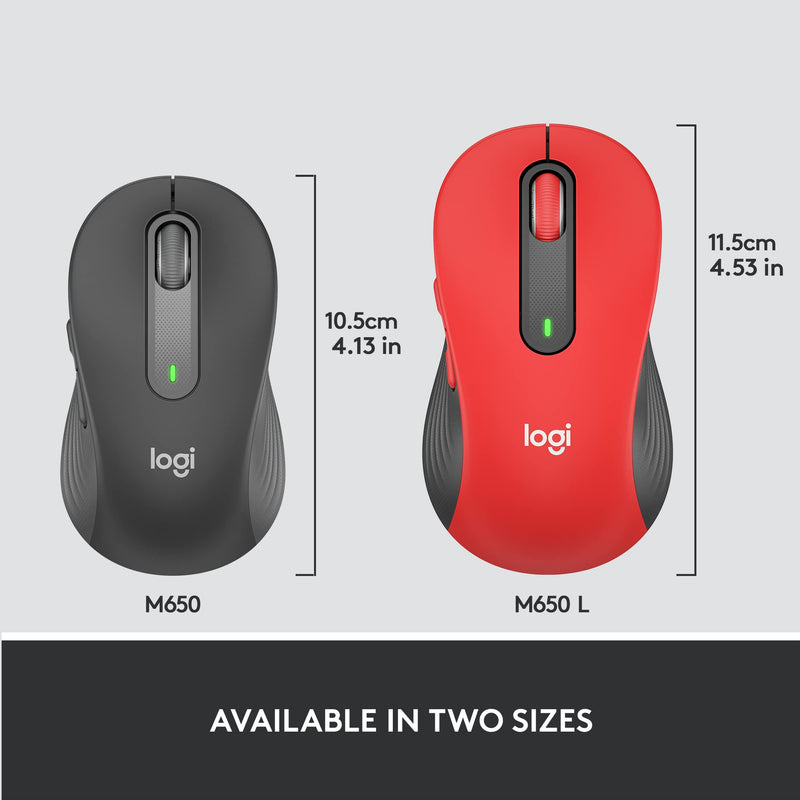 Logitech Signature M650 L Full Size Wireless Mouse - for Large Sized Hands, 2-Year Battery, Silent Clicks, Customizable Side Buttons, Bluetooth, Multi-Device Compatibility - Classic Red Right Handed Large Size