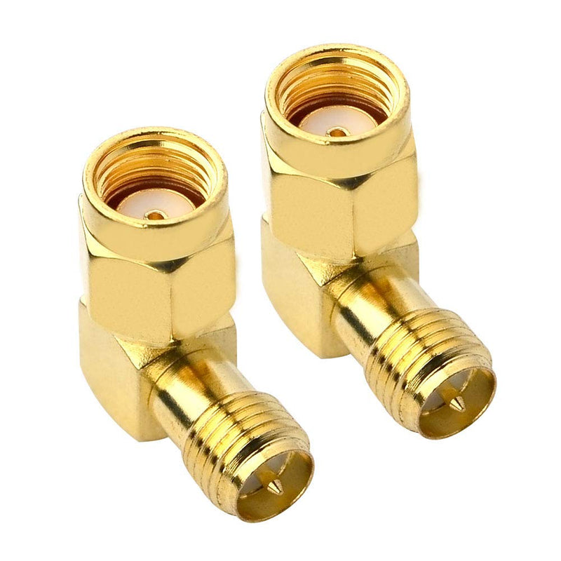 BOOBRIE 90 Degree Reverse Polarity SMA Coax Adapter RP SMA Male (Hole) to RP SMA Female (Pin) Right Angle Connector RP-SMA to RP-SMA Adapter for Audio FPV Drone Antennas Radio Video Mobile Pack of 2