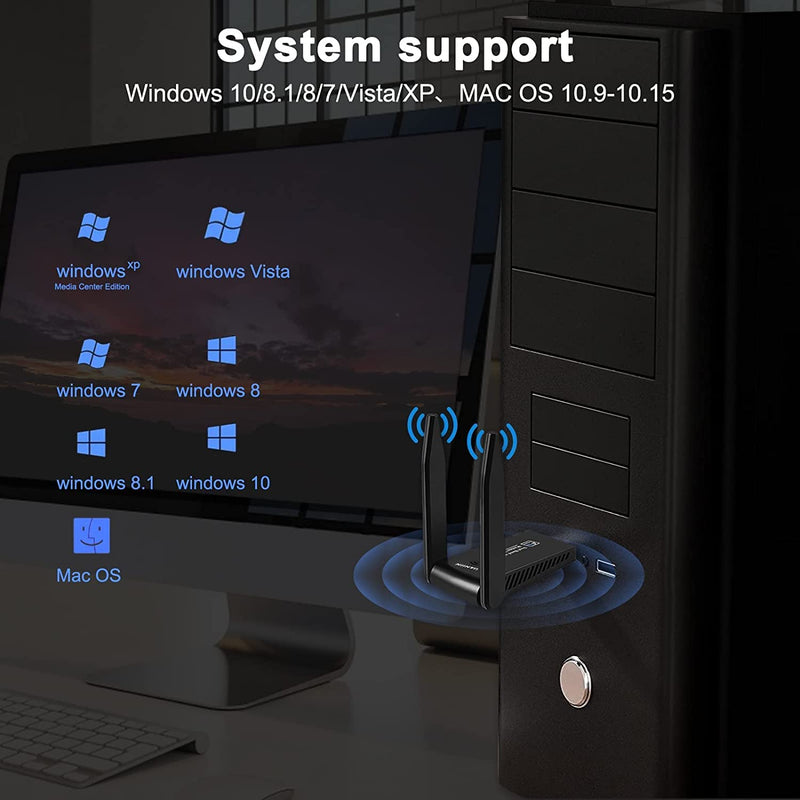 WiFi Adapter,WiFi Adapter for Desktop PC,1300Mbps Dual 5Dbi Antennas,Support 2.4G & 5G(400Mbps/867Mbps) Network,802.11AC Compliant,USB 3.0,Support Win10/8/7/XP, Mac OS/10.9-10.15 1300Mbps