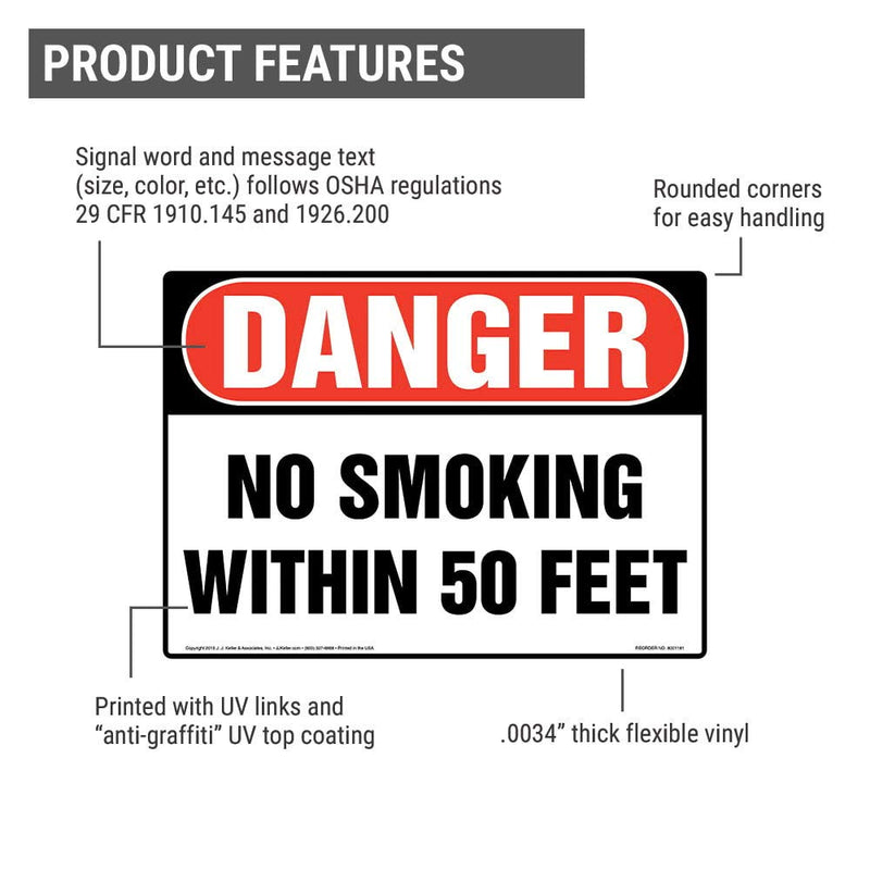 Danger: No Smoking Within 50 Feet Sign 2-pk. - J. J. Keller & Associates - 14" x 10" Permanent Self Adhesive Vinyl with Rounded Corners - Complies with OSHA 29 CFR 1910.145 and 1926.200