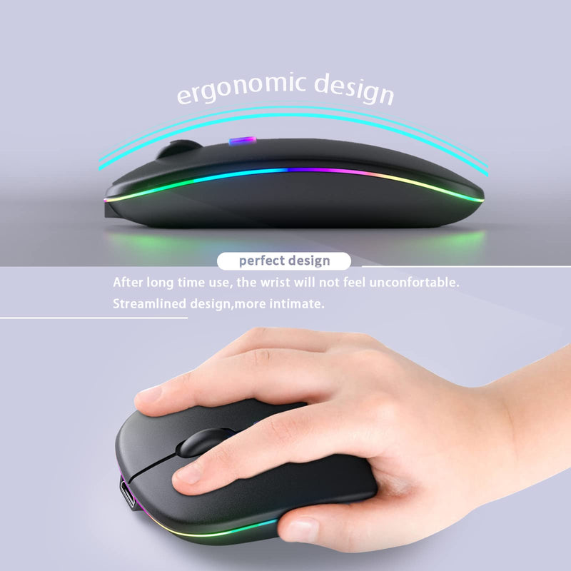 KANMABPC Wireless Bluetooth Mouse, Rechargeable LED Dual Mode Mouse (Bluetooth 5.2 and USB Receiver) Portable Silent Mouse,for Laptop/Desktop/Tablet(Black) Black