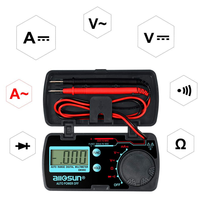 allsun Mini Auto Range Digital Multimeter AutomotiveTester AC DC Volt AMP OHM LCD Voltmeter Ammeter Tester Tool Auto Power Off Data Hold EM3082