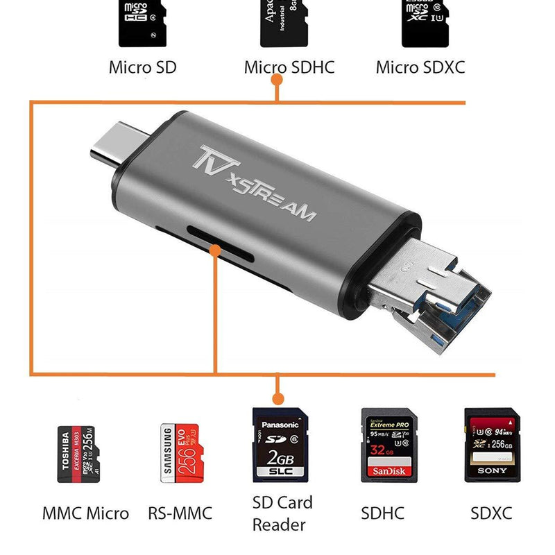 SD Card Reader, 3-in-1 USB 2.0 / USB C/Micro USB Card Reader - SD, Micro SD, SDXC, SDHC, Micro SDHC, Micro SDXC Memory Card Reader for MacBook PC Tablets Smartphones with OTG Function, Silver