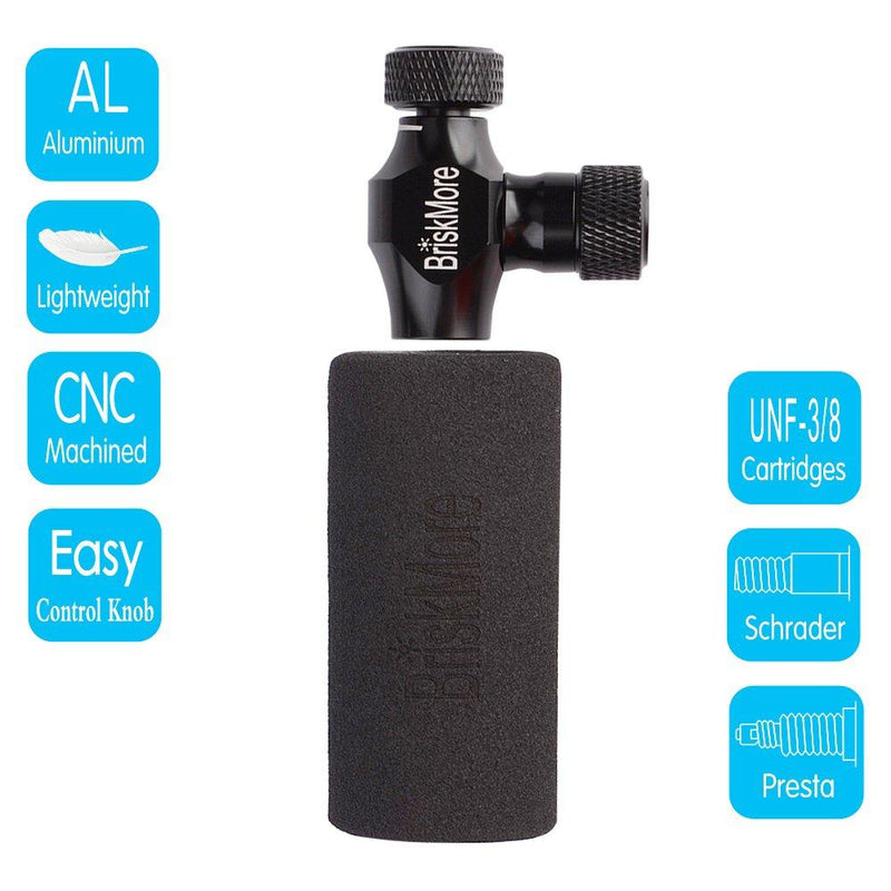 Black CO2 inflators for Bikes Tire by BriskMore, Presta and Schrader Valve Compatible, Bike Tire Pump for Snow Mountain Biking and Road Bicycles, Insulated Sleeve, CO2 Bike Cartridge NOT Included