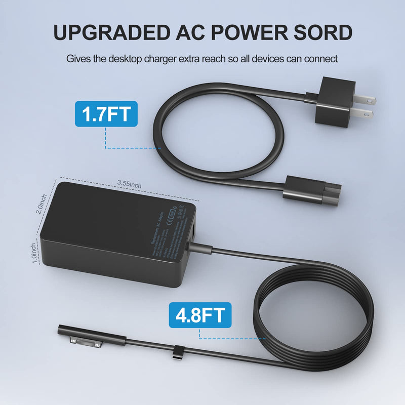 Surface Pro Charger 65W, Surface Laptop Charger for Microsoft Surface Pro 9/8/7+/7/6/5/4/3/X, Surface Laptop 5/4/3/2/1/Studio, Surface Book 2/1, Surface Go 3/2/1 with ft Power Cord