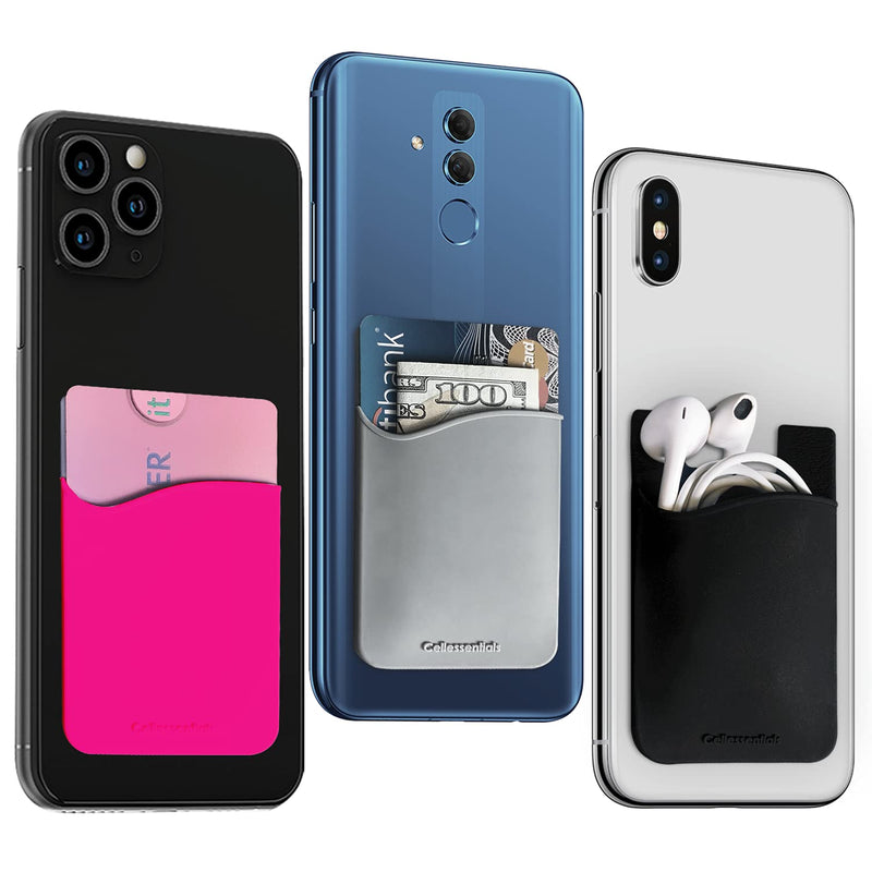 USA Merchant | Cellessentials Card Holder for Back of Phone - Silicone Stick on Cell Phone Wallet for Credit Card, ID, Business Card - iPhone, Android and Most Smartphones - 3 Pack (Black,Pink,Grey) Black, Grey & Pink