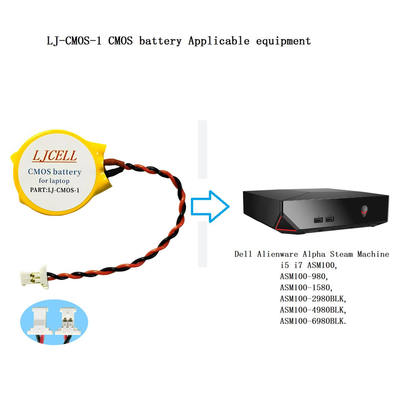 LJCELL CMOS Battery for Dell Alienware Alpha R1 Steam Machine i5 i7 Desktop,Fix Yellow Light BIOS RTC CR2032 Battery with 2 Wire Cable and Connector CMOS-CR2032-1 1 Count (Pack of 1)