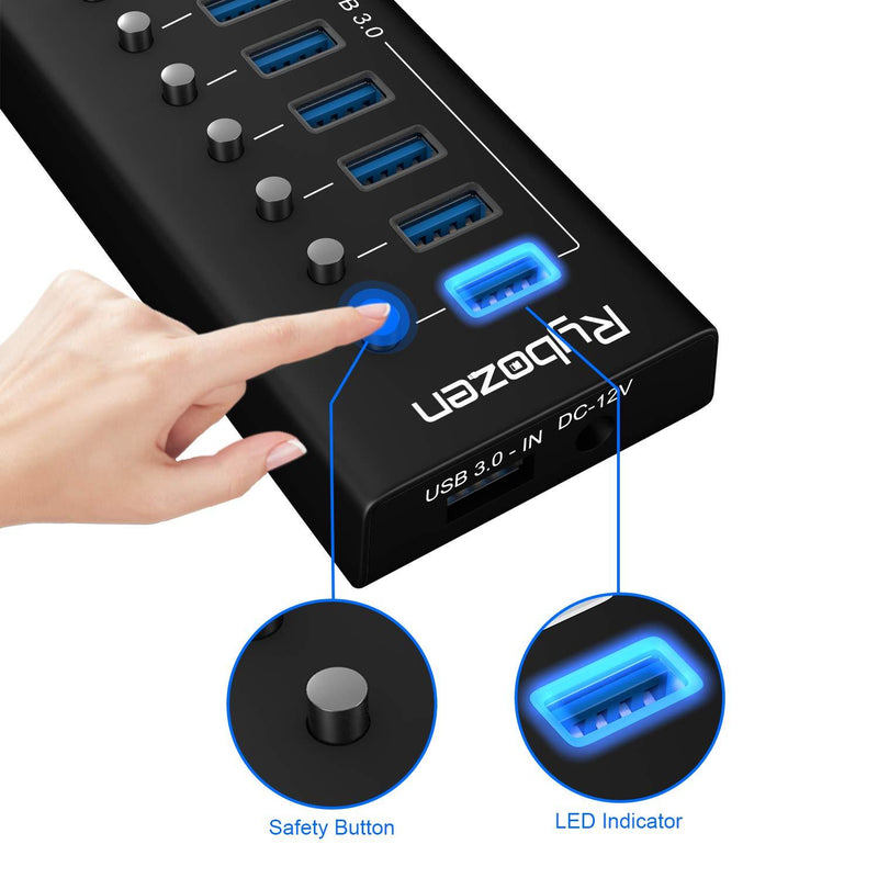 Rybozen Powered USB Hub,10-Port USB 3.0 Hub with 7 USB 3.0 Data Ports + 3 USB Smart Charging Ports,LEDs Individual Switches and Power Adapter for Keyboard, Mouse, Printer, Hard Drivers 10 Port black