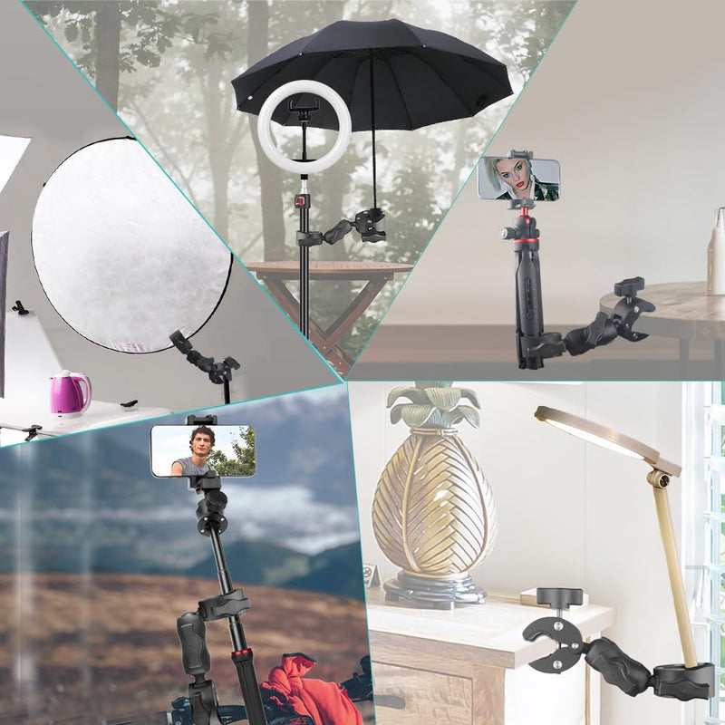 JEBUTU Super Clamp Double Camera Clamp, Super Camera Mount 360° Ballhead,Double Mount Clamp Bracket Magic Arm Double Ball Head Adapter for Tripod, Photographic Lighting Umbrella, Photo Light Stand