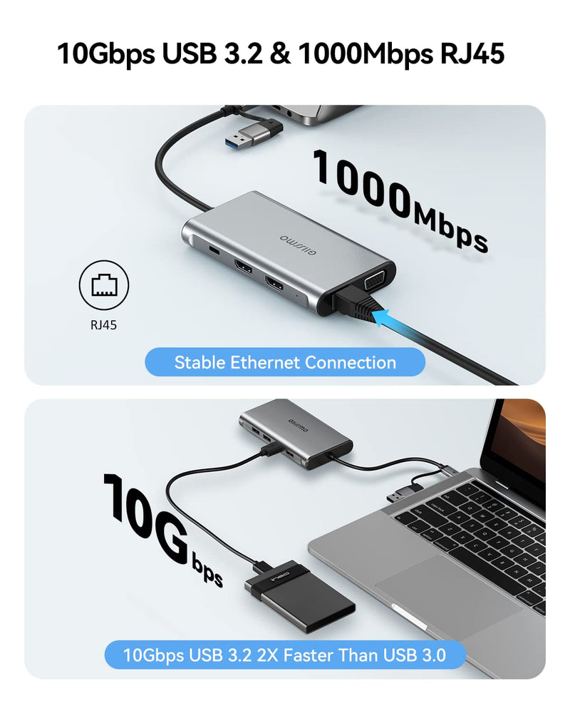 USB Docking Station Dual Monitor, GIISSMO 9-in-1 USB A 3.0 / USB C Docking Station Triple Monitor with 2 HDMI,VGA, 10Gbps USB 3.1, Gigabit Ethernet, Triple Display for Mac & MacBook & Windows Laptop Grey