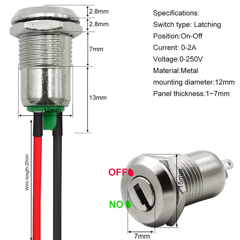 Gebildet Metal Key Switch 12mm ON/OFF Pre-Wired Key Switch Lock Latching Key Switch (Pack of 4) Silver - Key Switch