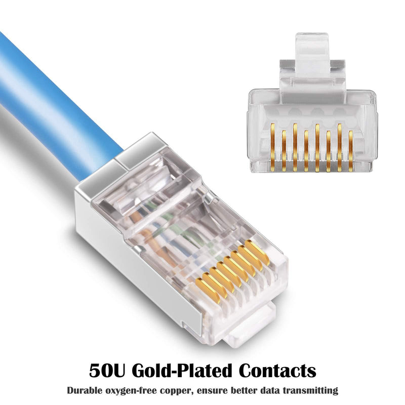 Shielded Cat6 RJ45 Connectors - iGreely 50-Pack Gold Plated RJ45 Cat6/Cat5E/Cat5 8P8C 50 Micron 50u 3 Prong FTP STP Ethernet Cable Crimp Modular Plug