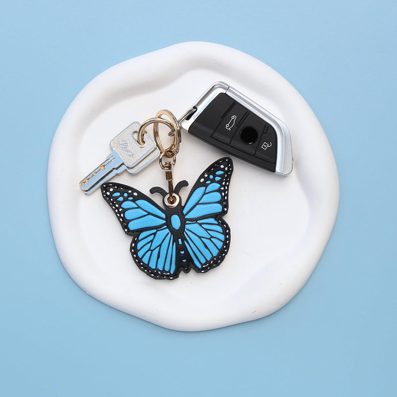 XEEWEN 2 Pack Cute Butterfly Airtag Leather Keychain Holder, Kawaii Pink Blue Key Ring Hidden Case Cover for Apple AirTag