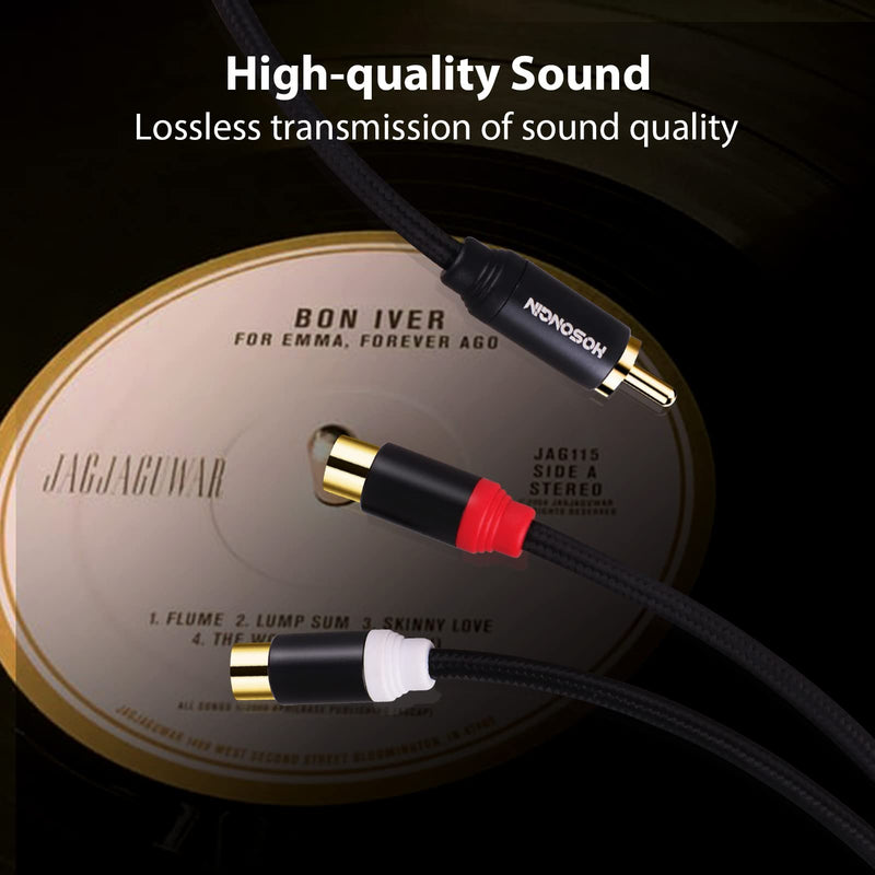 Subwoofer Cable RCA Splitter 1 Male to 2 Female, HOSONGIN RCA Y Adapter Splitter Cable with Black Cotton Braided Jaket and Gold-Plated Plug, 2 Pack/Length: 12 inch