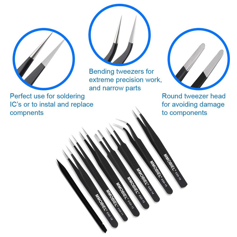 MMOBIEL 7x Precision Tweezers Set - Anti-Static Stainless Steel ESD Tweezers - For Electronics, Laboratory Work, Jewelry, Craft, Soldering and more