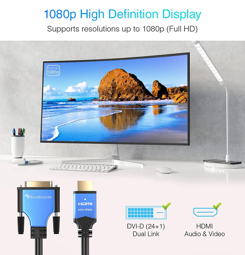 BlueRigger HDMI to DVI Cable (6.6FT, High-Speed, Bi-Directional Adapter Male to Male, DVI-D 24+1, 1080p, Aluminum Shell) - Compatible with Raspberry Pi, Roku, Xbox One, PS5/PS4/PS3, Graphics Card 6FT