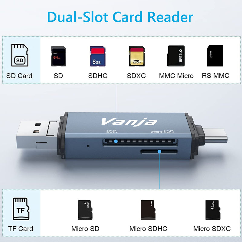 Vanja 3 in 1 Micro SD Card Reader, USB-C USB-A Micro USB Portable Memory Card Reader, Camera SD Card Adapter for SD, SDXC, SDHC, MMC, RS-MMC, Micro SD, Micro SDXC, Micro SDHC and UHS-I Cards