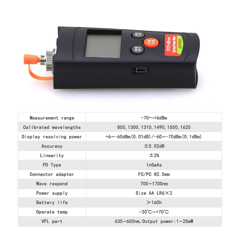 FTTH Handheld Optical Power Multi-Meter High Precision APM80T -70~+6 Miniature Fiber Cable Tester Measuring Wavelength 850/980/1300/1310/1490/1550 for Optical Fiber Communication Engineering