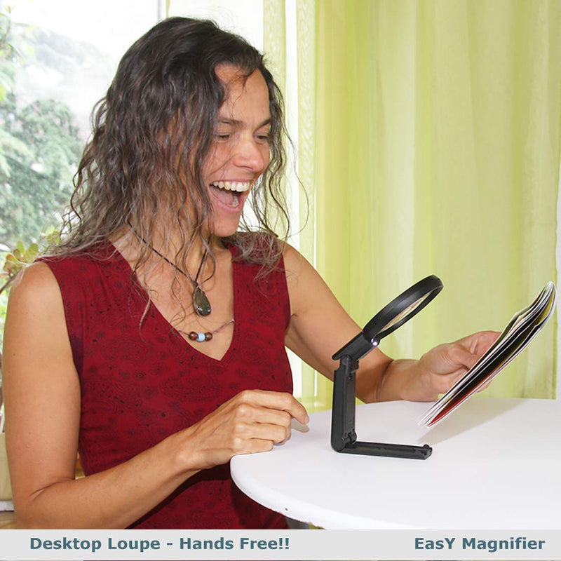 EasY Magnifier Large Magnifying Glass 2X Hands Free with Bright LED Light; Acrylic Spot Lens 4X; Lighted Desktop Loupe for Reading, Work; Macular Degeneration Aid; Ideal Gift for Visually Impaired