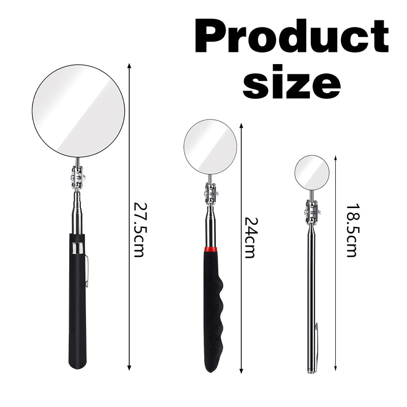 SAVITA 3 Sizes Telescoping Inspection Mirror Set Extendable Retractable Telescopic Inspection Mirror Kit, 1.18/1.96/3.34 inch Diameter 7-23/9-21/10-29 inch Handle, Small Large Dental Lash Mirror