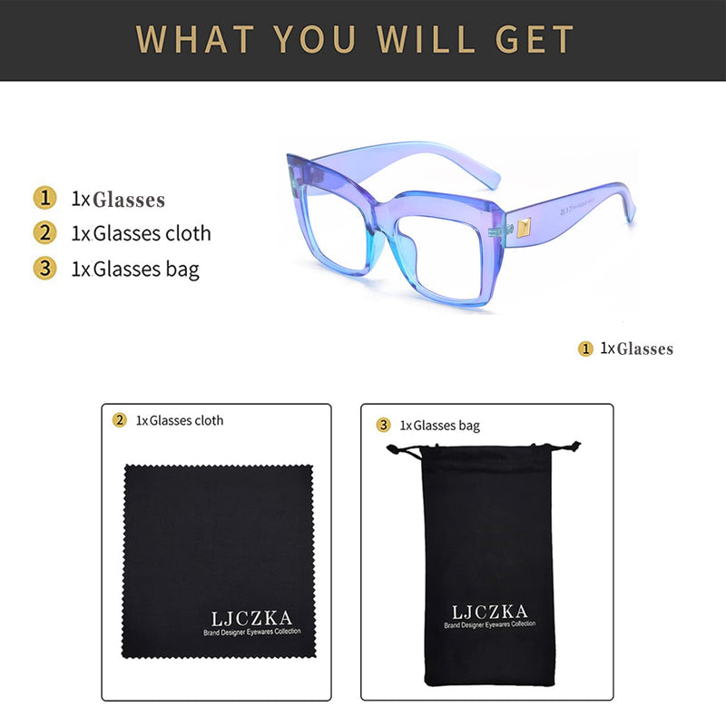 LJCZKA Thick Square Blue Light Blocking Glasses Oversized Cat Eye Eyewear Fashion for Women Computer Eyeglasses Clearpurple