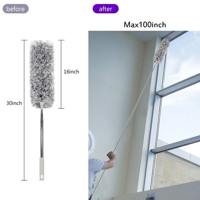 Microfiber Duster with Extension Pole(Stainless Steel) 30 to 100'', with Bendable Head, Extendable Long Duster for Cleaning Ceiling Fan, High Ceiling, Keyboard, Furniture Cars